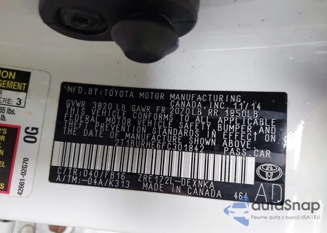 2015 Toyota Corolla Le z USA, uszkodzony, nr VIN 2T1BURHE6FC301842